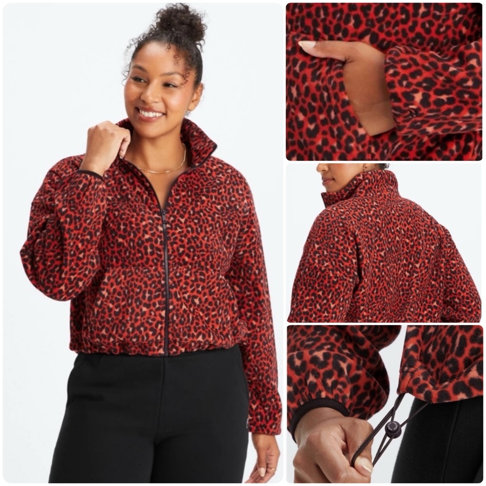 NEW Fabletics Rayne Polar Fleece Zip Up Electric Cherry Classic Leopard/Black S